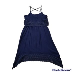 NWT Charming Charlie Navy Gauze Crocheted High Low Hem Midi Dress. Women's M